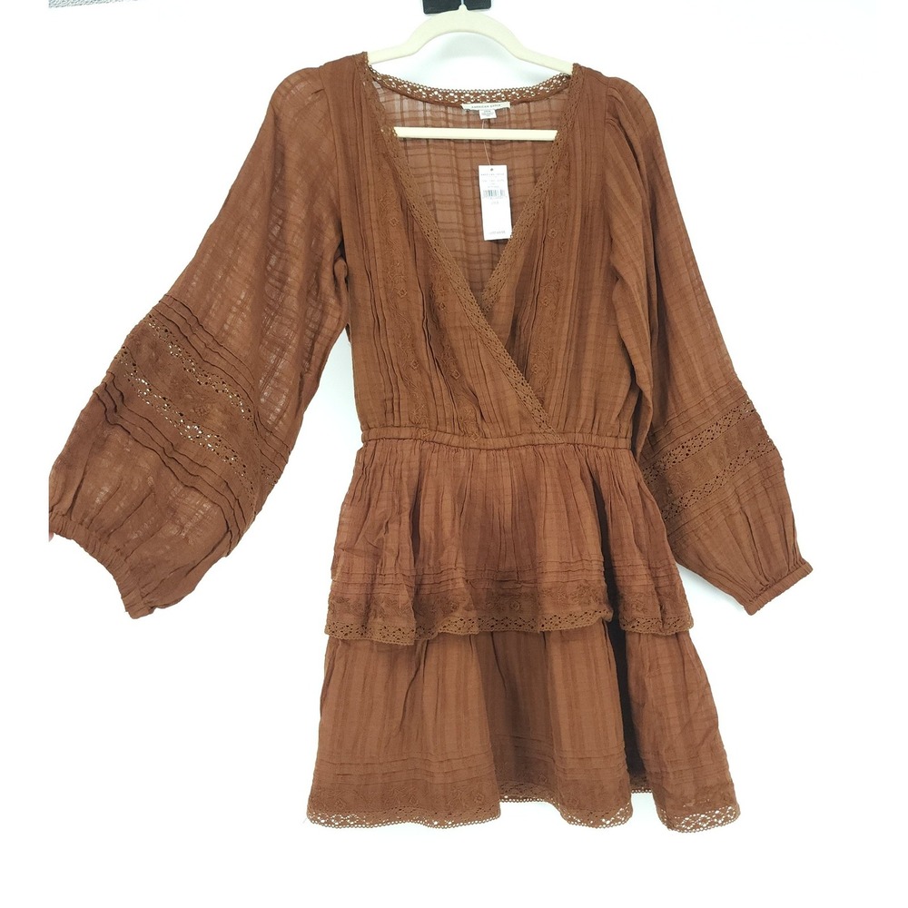 American Eagle MiniDress Women S Rust Brown LaceRuffle Tier Boho Western Peasant - Picture 2 of 9